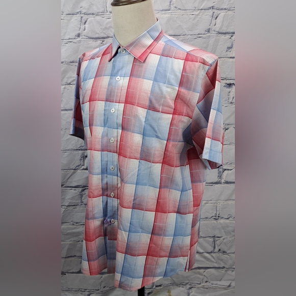 Bugatchi Men's Button Down Shirt Shaped Fit Short sleeve Check Blue Red XL 17" - Picture 2 of 16